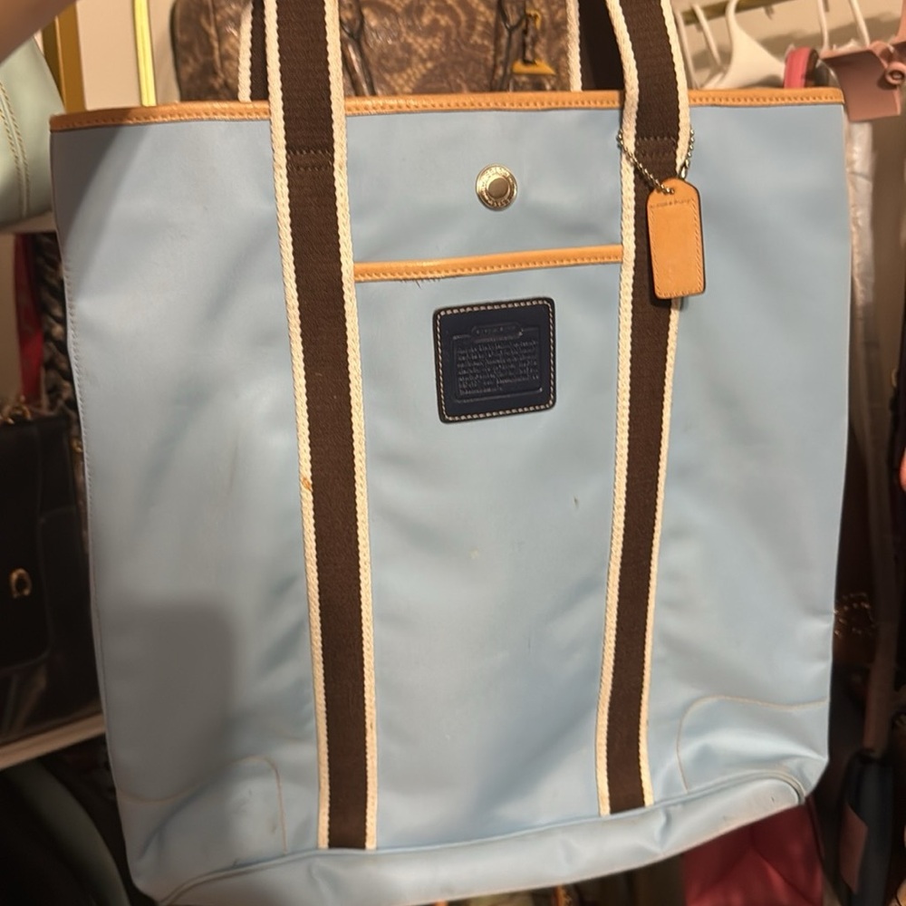 Coach Light Blue Tote with Brown and Tan Trim